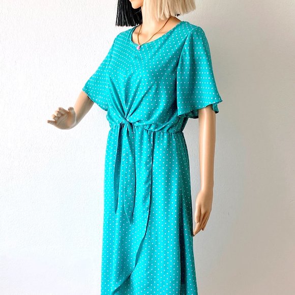 Teal Dress Blue Green Dress Polka Dot Dress Wrap Skirt Dress Pullover Dress | S - Picture 7 of 11